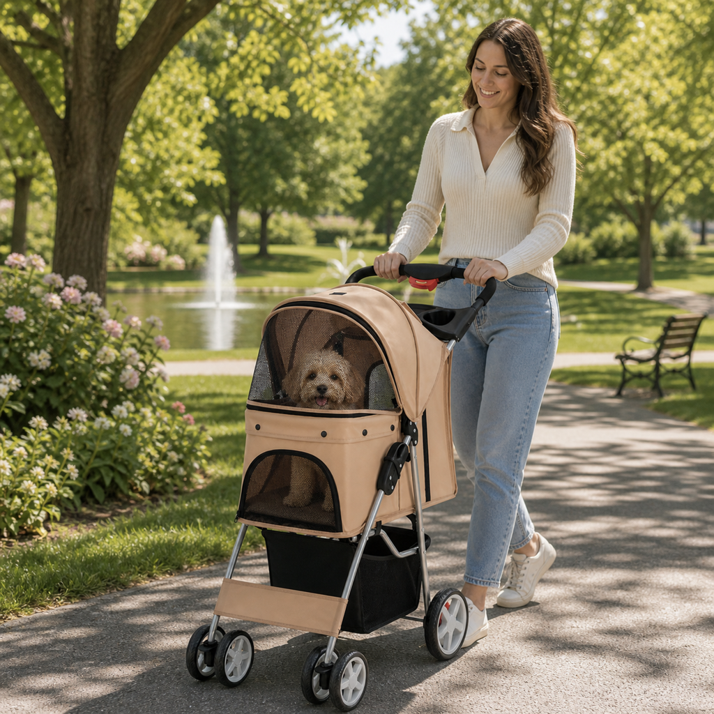 Poussette pour chien beige pliable 15 kg
