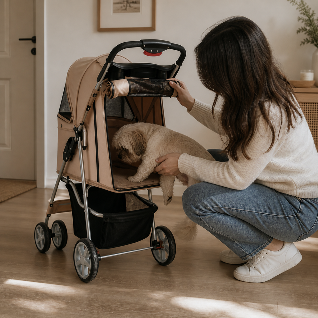Poussette pour chien beige pliable 15 kg