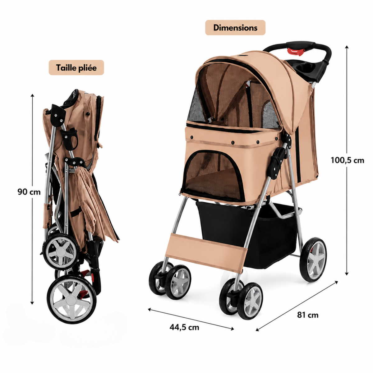 Poussette pour chien beige pliable 15 kg