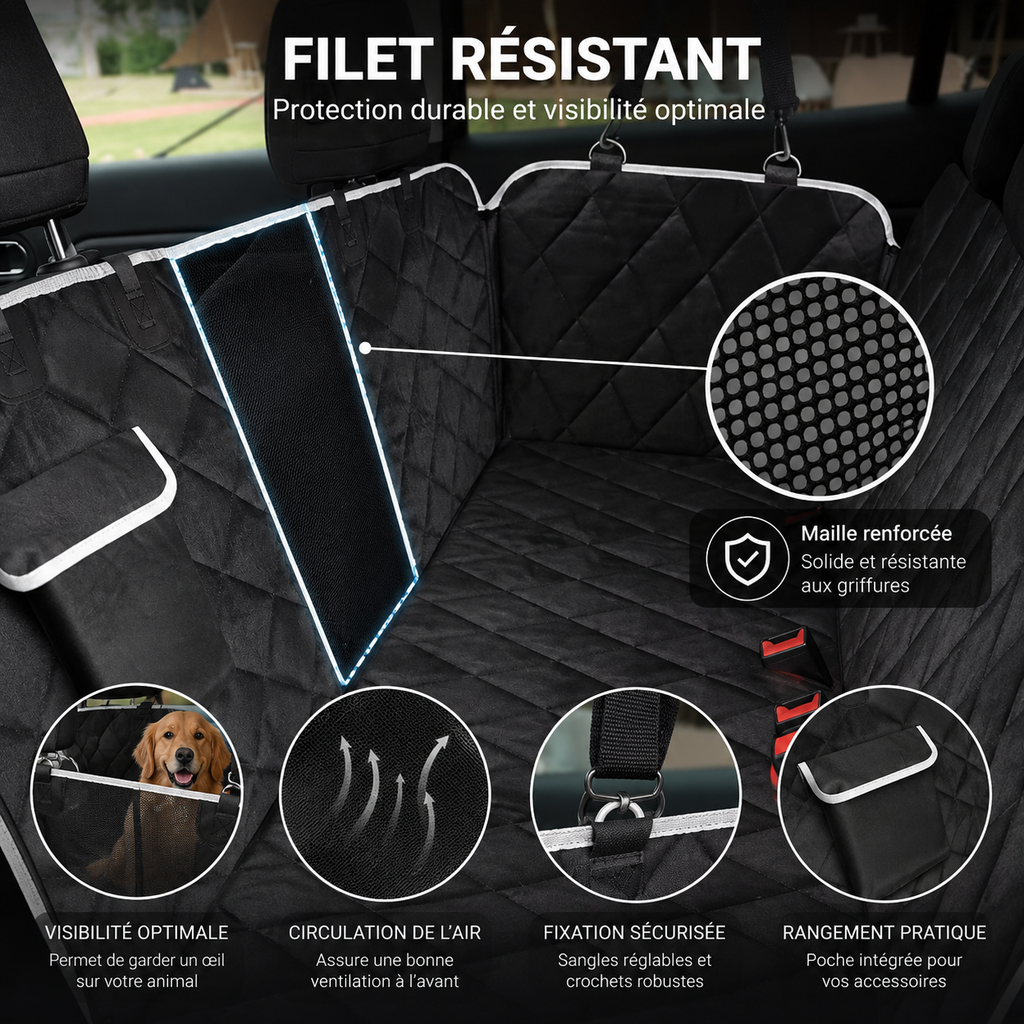 Housse Siège Voiture Chien avec Filet | Imperméable & Ventilée