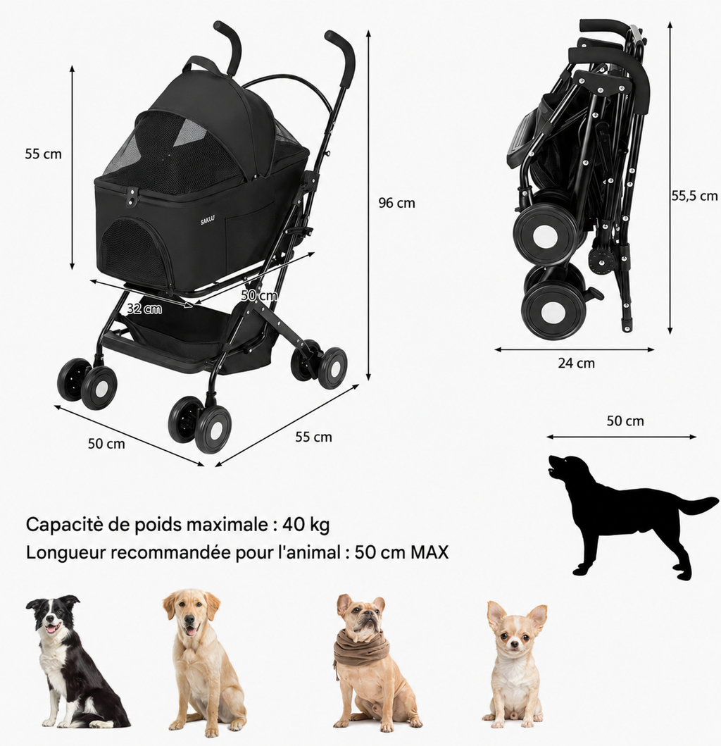 Poussette chien jusqu'à 40 kg | nacelle détachable