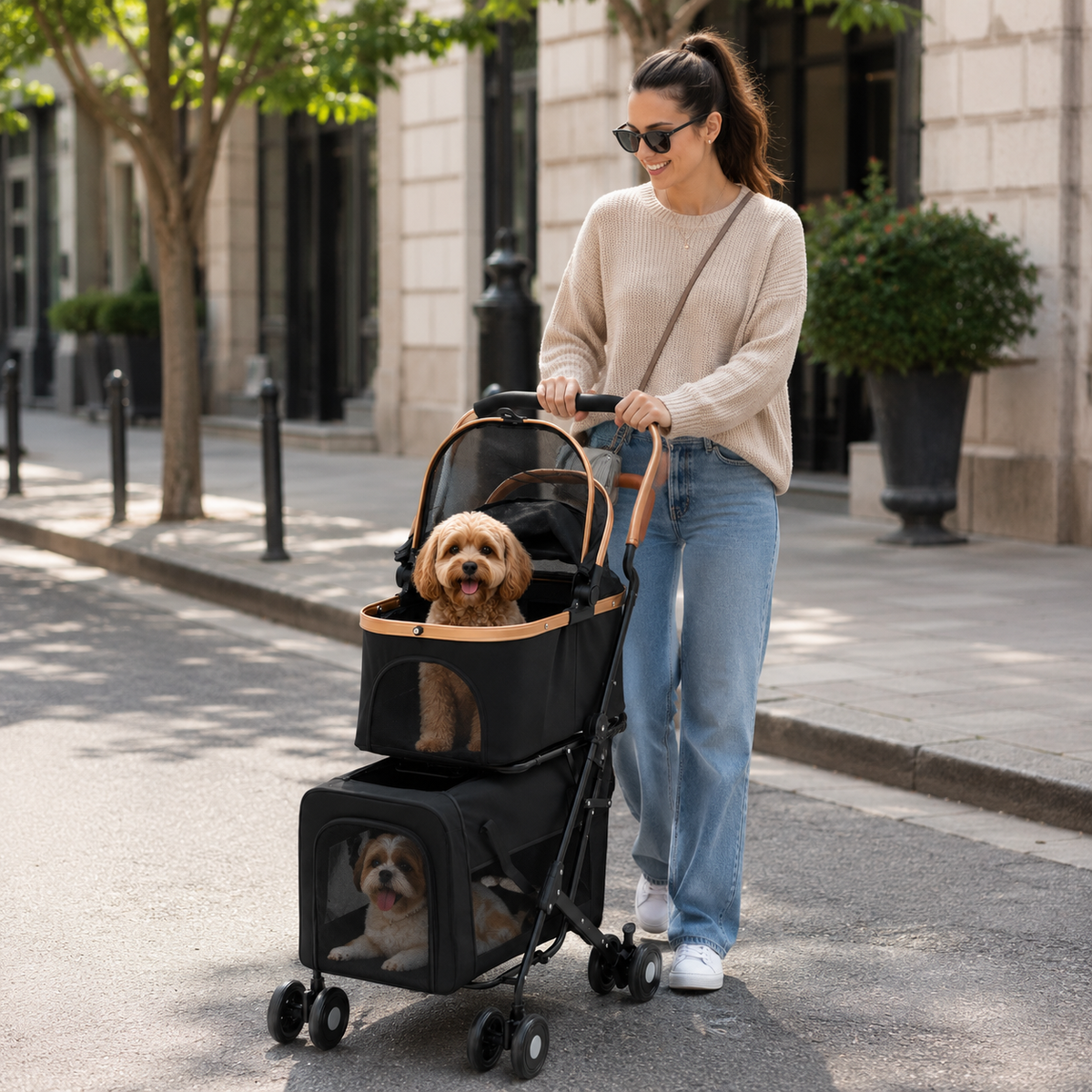 Poussette chien double niveau | 2 compartiments inclus, jusqu'à 35 kg
