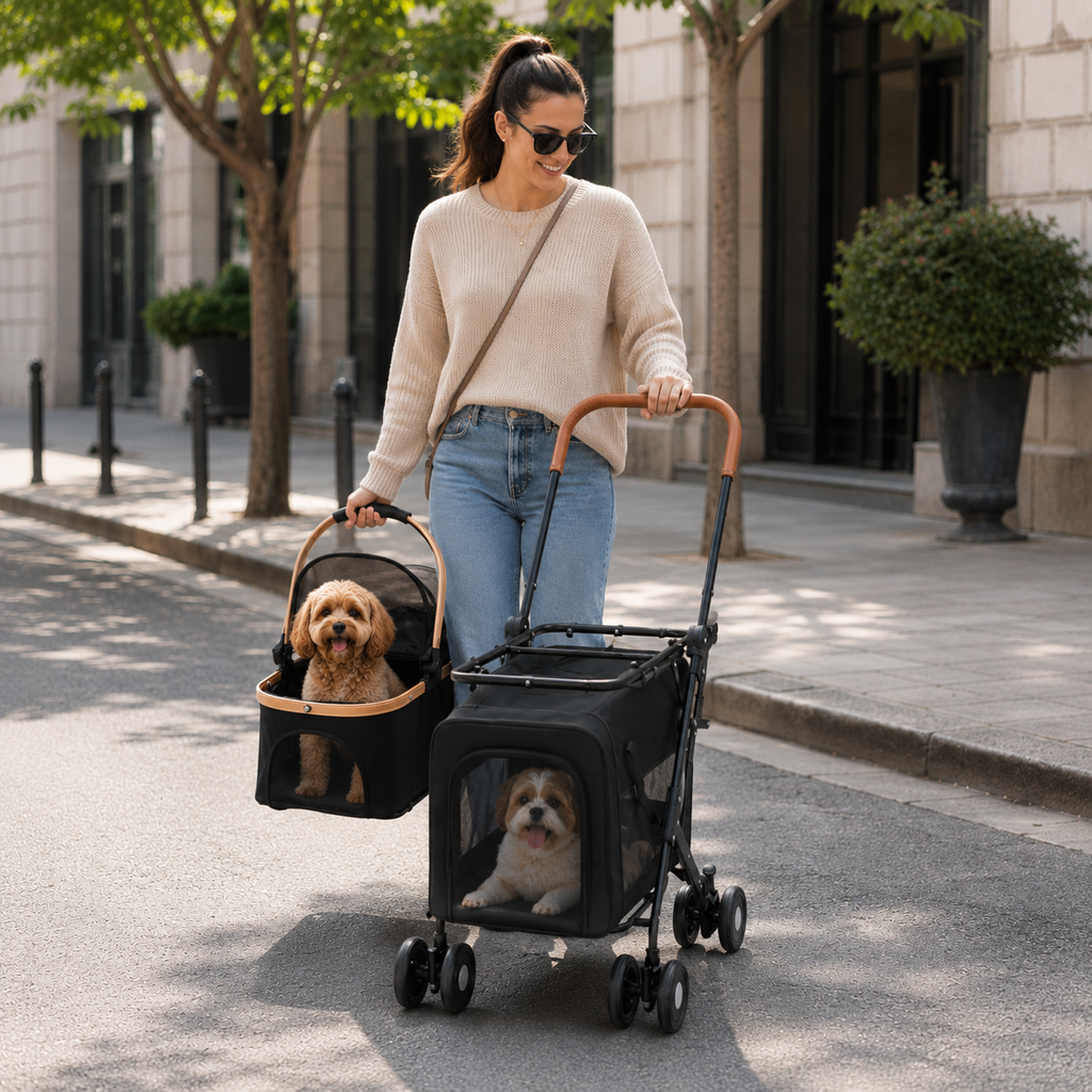 Poussette chien double niveau | 2 compartiments inclus, jusqu'à 35 kg