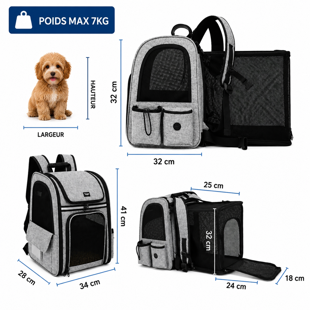 Sac à dos transport chien | Extensible & respirant pour chiens jusqu'à 7 kg