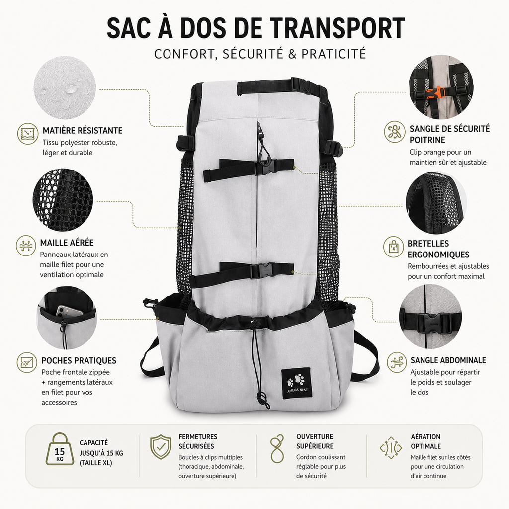 Sac à dos chien respirant | Randonnée, vélo & moto jusqu'à 15 kg