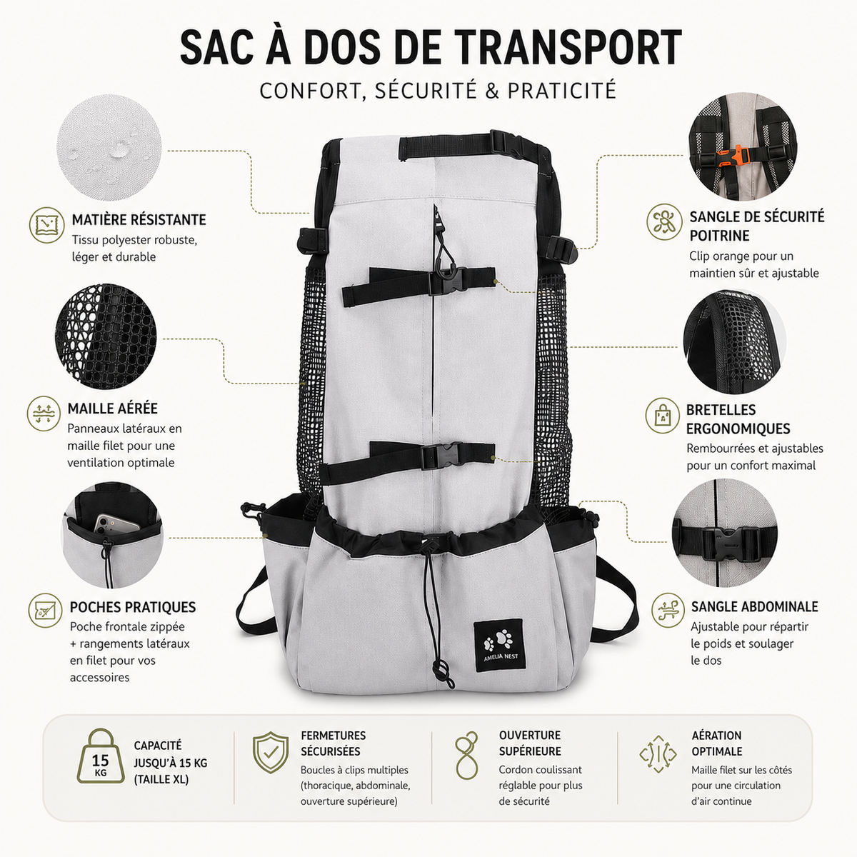 Sac à dos chien respirant | Randonnée, vélo & moto jusqu'à 15 kg
